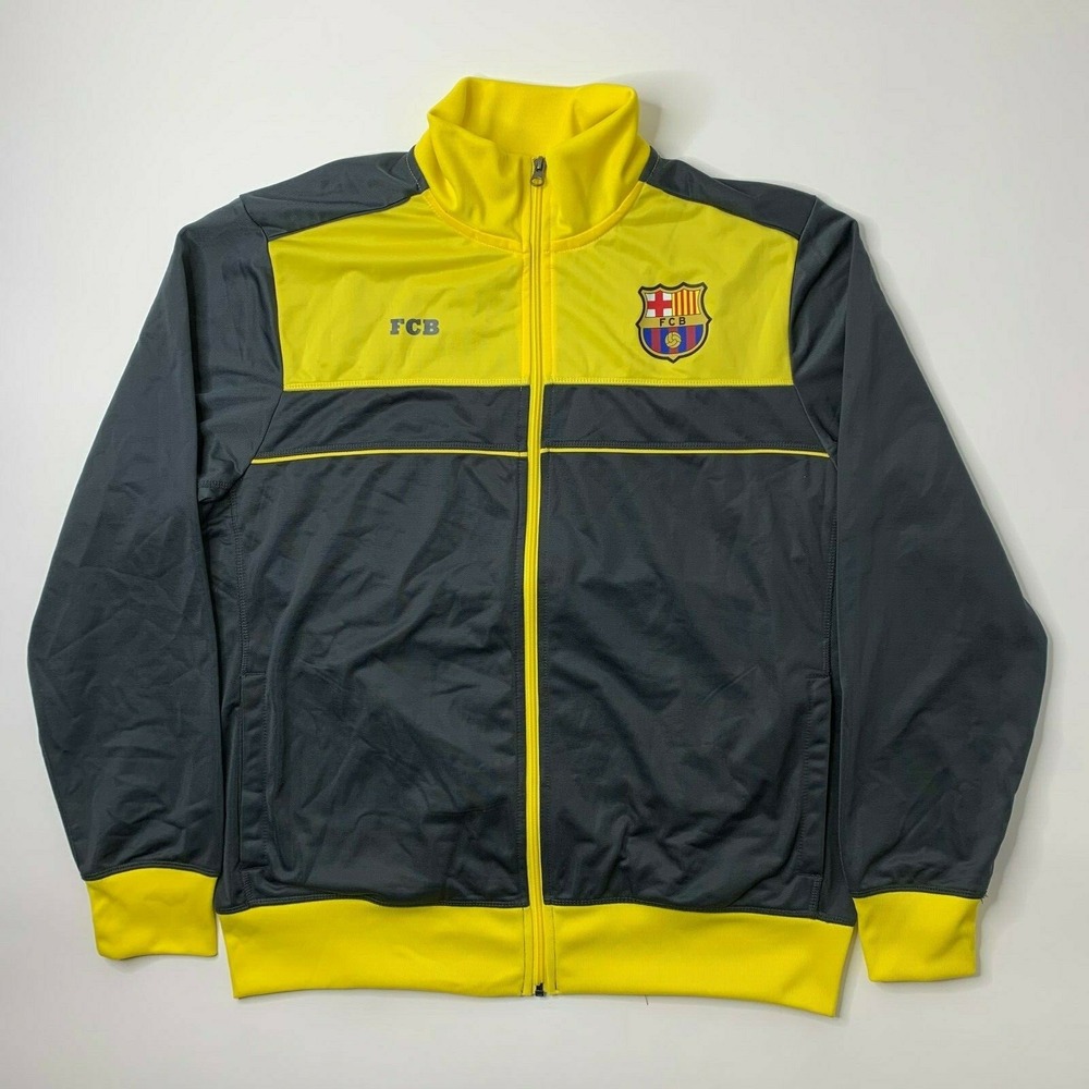 FC Barcelona Mens XL Full Zip‎ Jacket Long Sleeve Gray Yellow Futbol Soccer